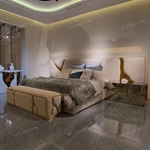 Light Beige Upholstered Bed with Artistic Gold Accents & Coordinated Bench